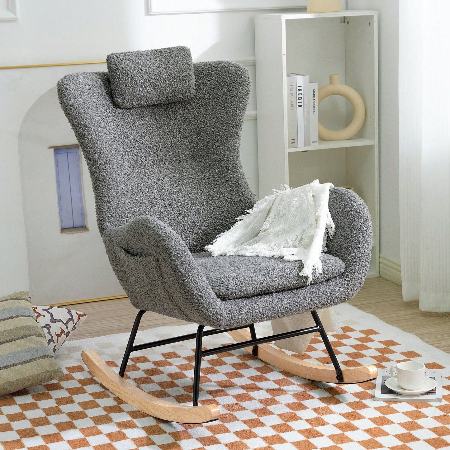 Rocking Chair - With Rubber Leg And Cashmere Fabric, Suitable For Living Room And Bedroom