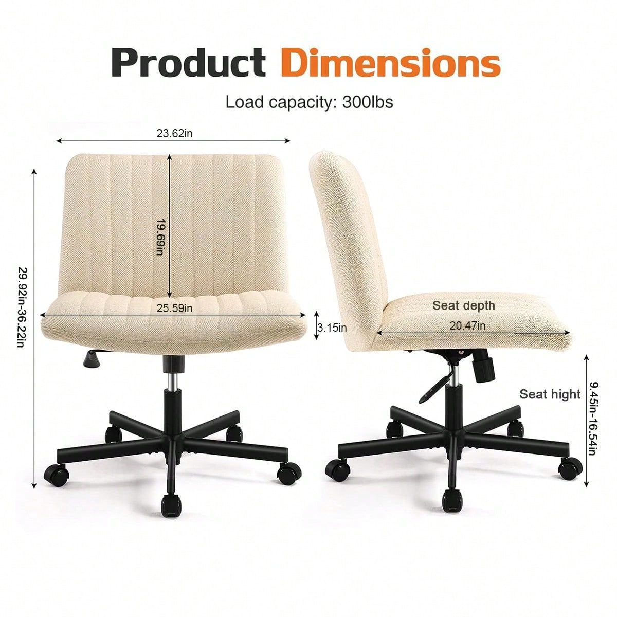 Plus Size Criss Cross Armless Swivel Chair for Home Office Modern Adjustable Desk Vanity Chair