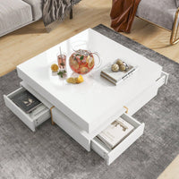 Modern High Gloss Coffee Table With 4 Drawers, Multi-Storage Square Cocktail Tea Table With Wood Grain Legs, Center Table For Living Room