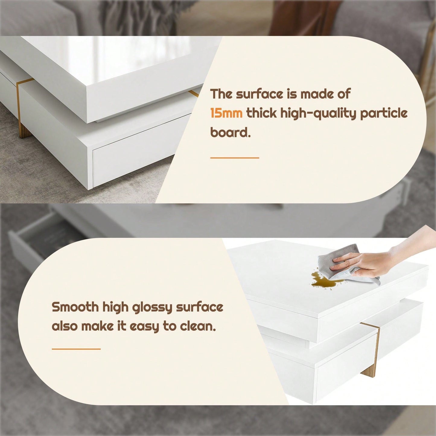 Modern High Gloss Coffee Table With 4 Drawers, Multi-Storage Square Cocktail Tea Table With Wood Grain Legs, Center Table For Living Room