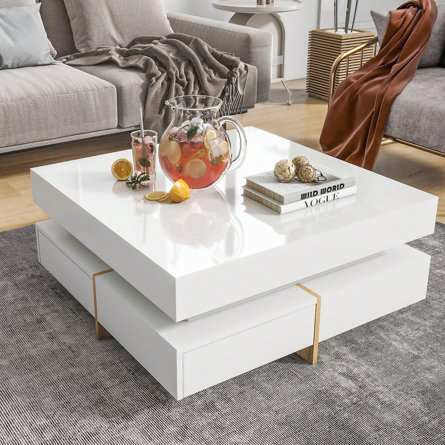 Modern High Gloss Coffee Table With 4 Drawers, Multi-Storage Square Cocktail Tea Table With Wood Grain Legs, Center Table For Living Room