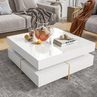 Modern High Gloss Coffee Table With 4 Drawers, Multi-Storage Square Cocktail Tea Table With Wood Grain Legs, Center Table For Living Room