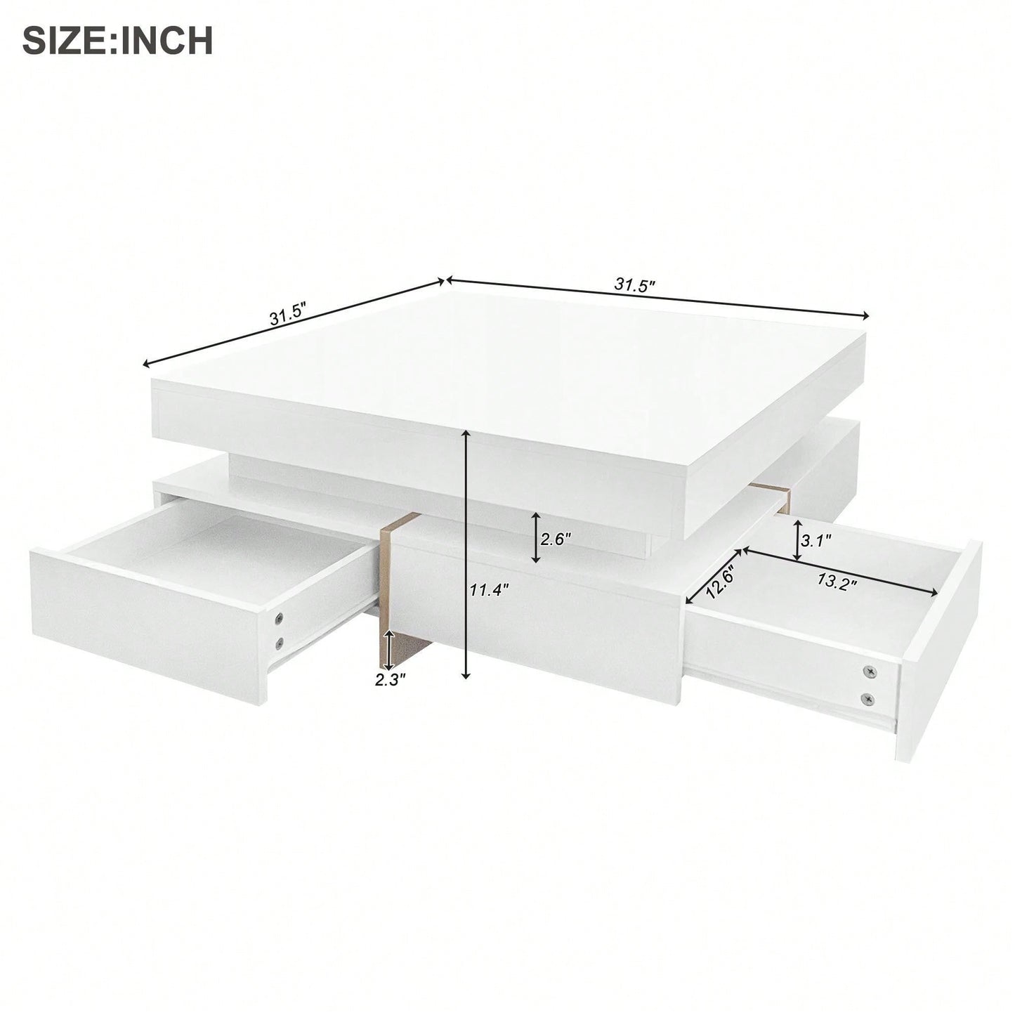 Modern High Gloss Coffee Table With 4 Drawers, Multi-Storage Square Cocktail Tea Table With Wood Grain Legs, Center Table For Living Room