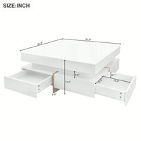 Modern High Gloss Coffee Table With 4 Drawers, Multi-Storage Square Cocktail Tea Table With Wood Grain Legs, Center Table For Living Room