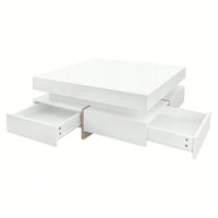 Modern High Gloss Coffee Table With 4 Drawers, Multi-Storage Square Cocktail Tea Table With Wood Grain Legs, Center Table For Living Room