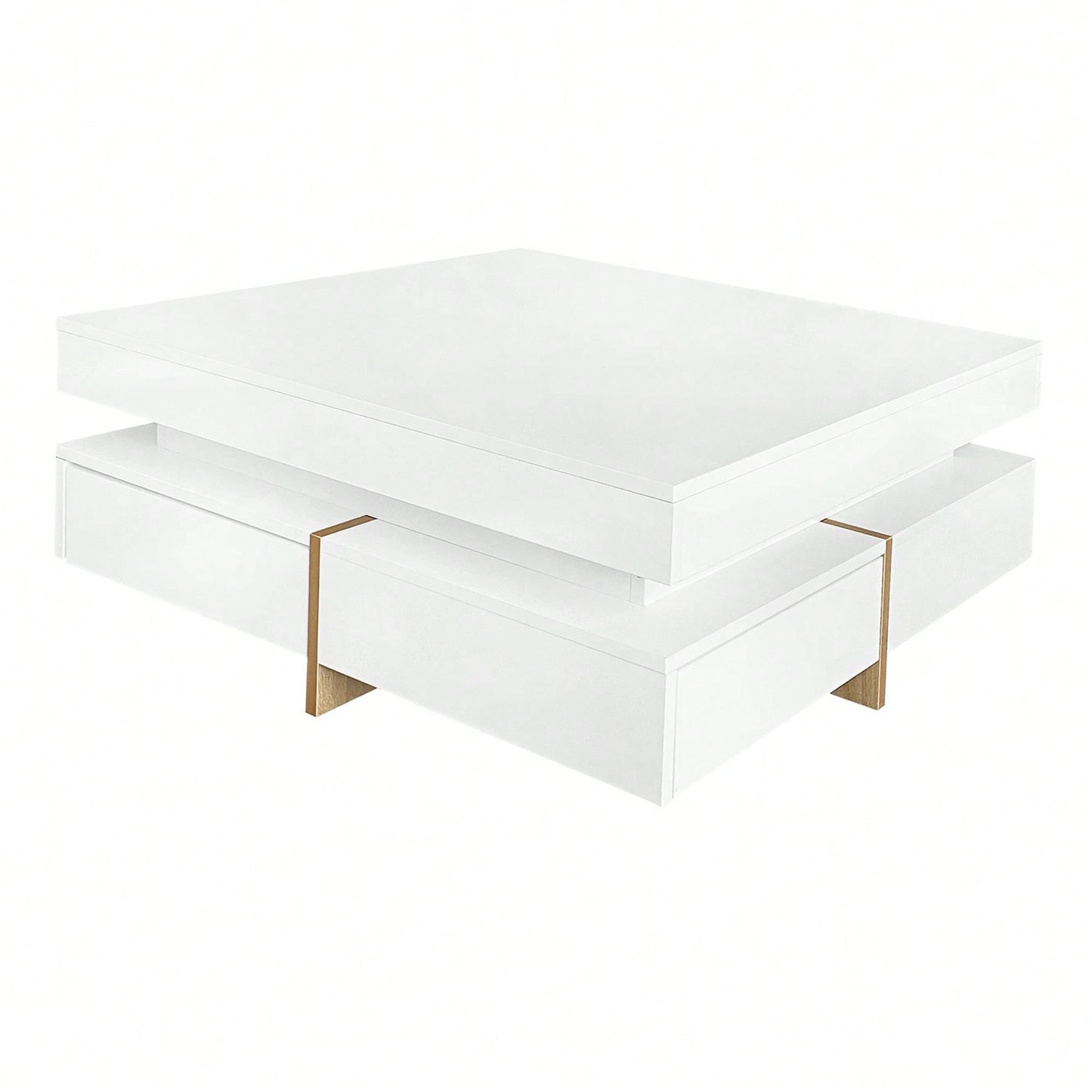 Modern High Gloss Coffee Table With 4 Drawers, Multi-Storage Square Cocktail Tea Table With Wood Grain Legs, Center Table For Living Room
