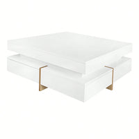 Modern High Gloss Coffee Table With 4 Drawers, Multi-Storage Square Cocktail Tea Table With Wood Grain Legs, Center Table For Living Room