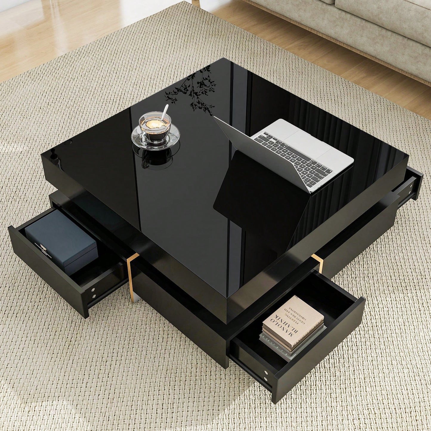 Modern High Gloss Coffee Table With 4 Drawers, Multi-Storage Square Cocktail Tea Table With Wood Grain Legs, Center Table For Living Room