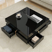 Modern High Gloss Coffee Table With 4 Drawers, Multi-Storage Square Cocktail Tea Table With Wood Grain Legs, Center Table For Living Room