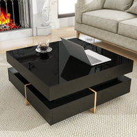 Modern High Gloss Coffee Table With 4 Drawers, Multi-Storage Square Cocktail Tea Table With Wood Grain Legs, Center Table For Living Room