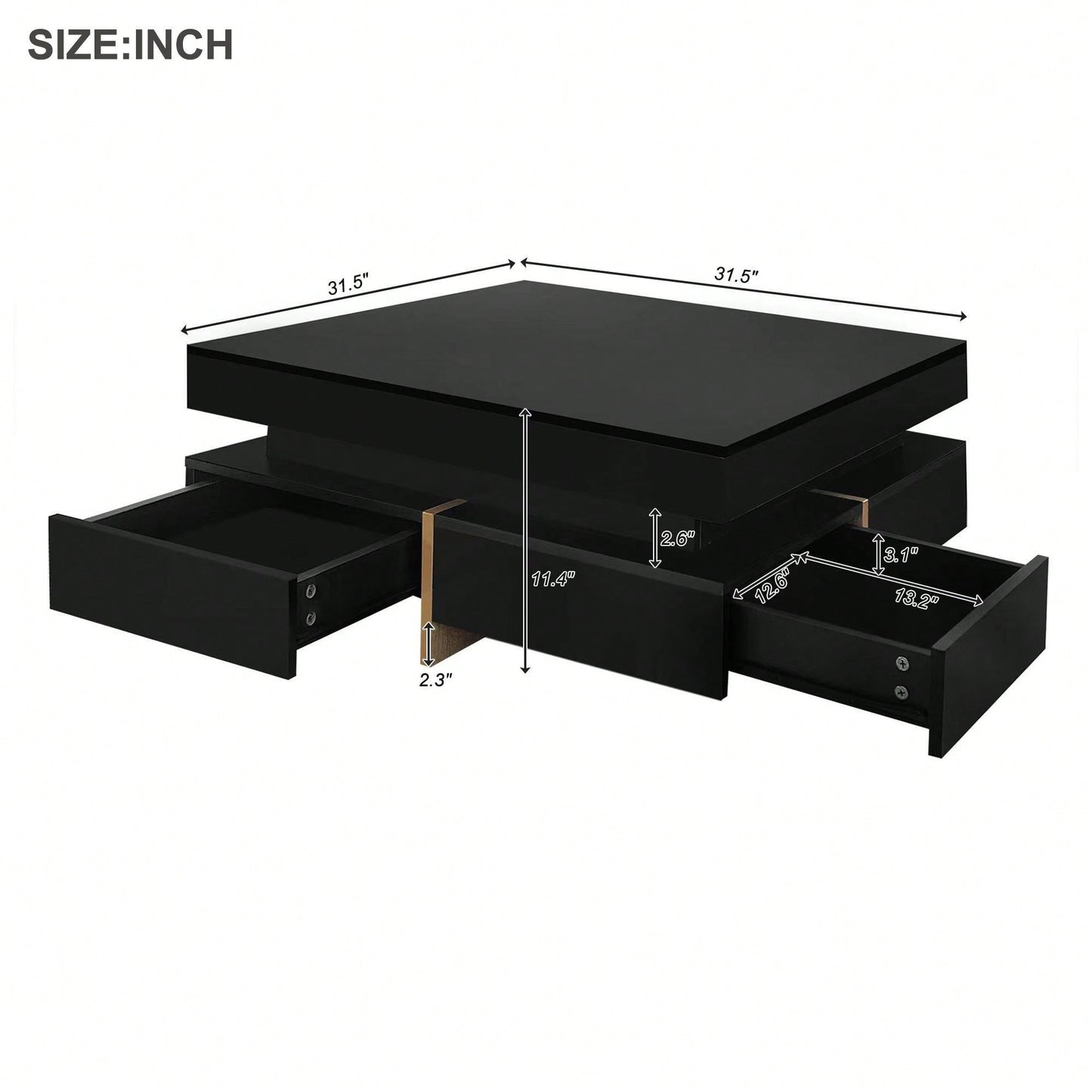 Modern High Gloss Coffee Table With 4 Drawers, Multi-Storage Square Cocktail Tea Table With Wood Grain Legs, Center Table For Living Room