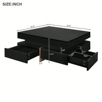 Modern High Gloss Coffee Table With 4 Drawers, Multi-Storage Square Cocktail Tea Table With Wood Grain Legs, Center Table For Living Room