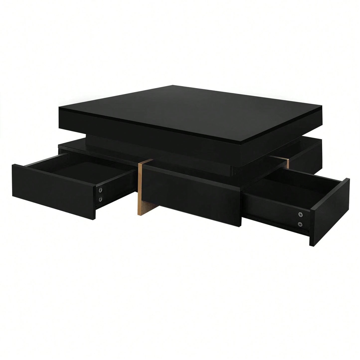 Modern High Gloss Coffee Table With 4 Drawers, Multi-Storage Square Cocktail Tea Table With Wood Grain Legs, Center Table For Living Room