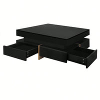Modern High Gloss Coffee Table With 4 Drawers, Multi-Storage Square Cocktail Tea Table With Wood Grain Legs, Center Table For Living Room