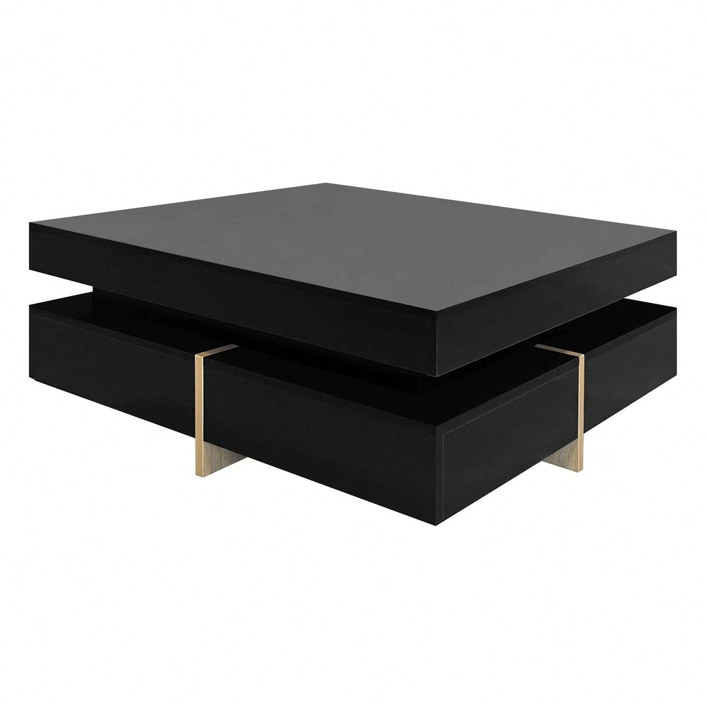 Modern High Gloss Coffee Table With 4 Drawers, Multi-Storage Square Cocktail Tea Table With Wood Grain Legs, Center Table For Living Room