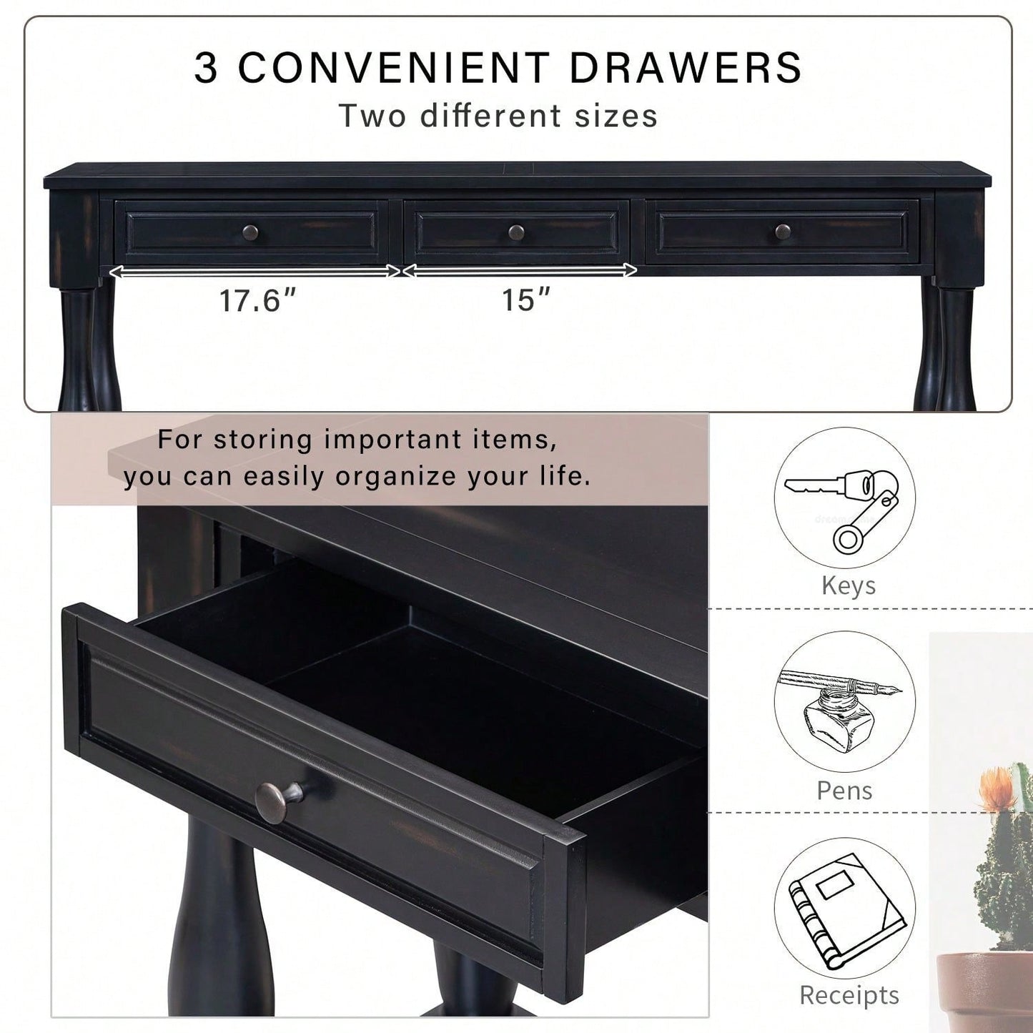 63" Long Console Table With Drawers And Shelf For Entryway, Hallway, Living Room