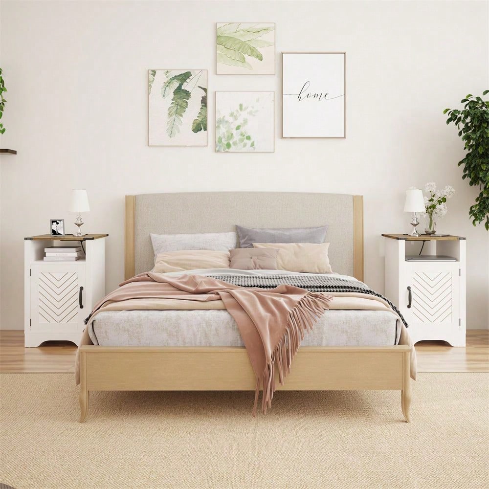 Modern White Cabinet Wood Night Stands For Bedrooms Set Of 2 Nightstands With Charging Station