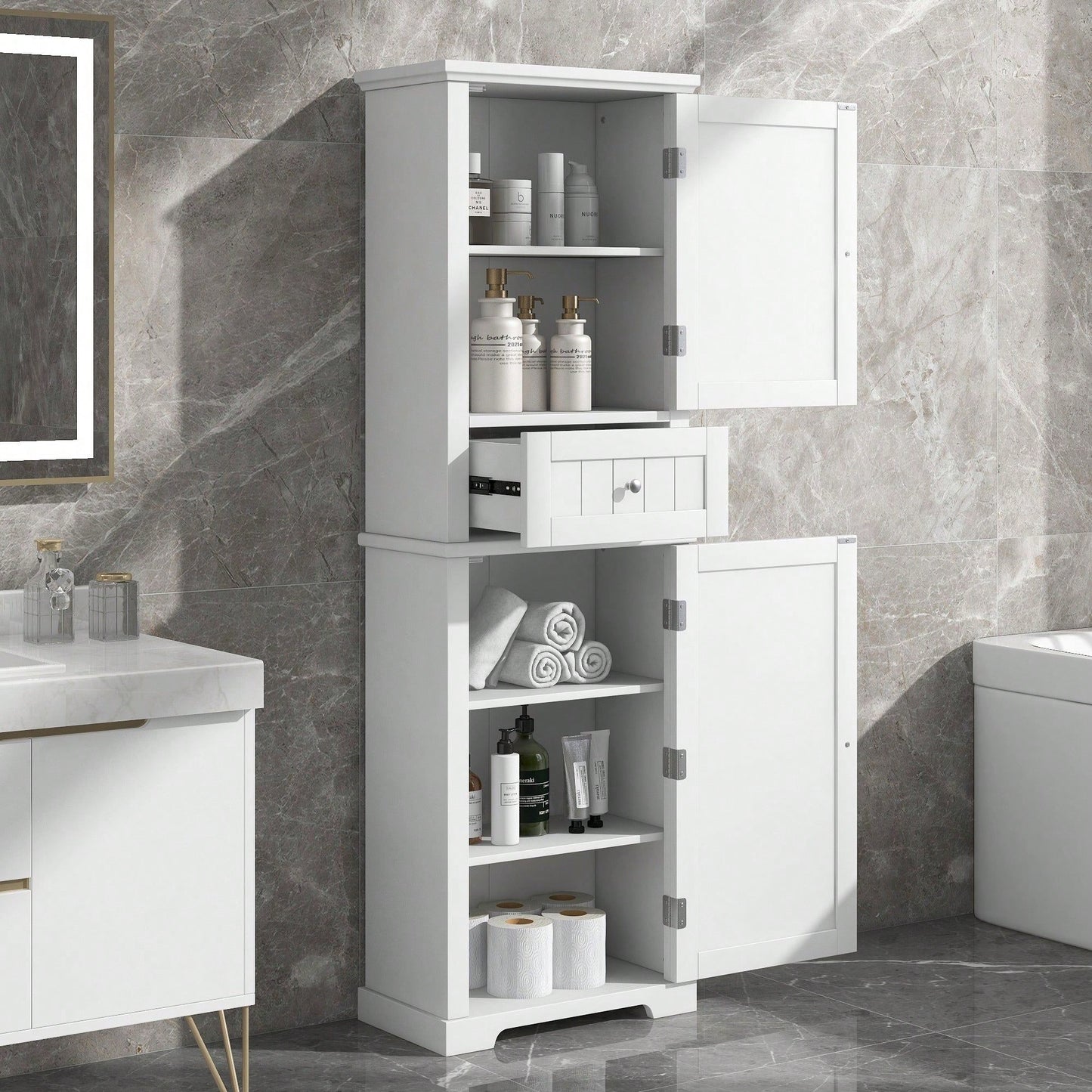 Tall Bathroom Storage Cabinet, Freestanding Storage Cabinet With Drawer And Adjustable Shelf, MDF Board With Painted Finish