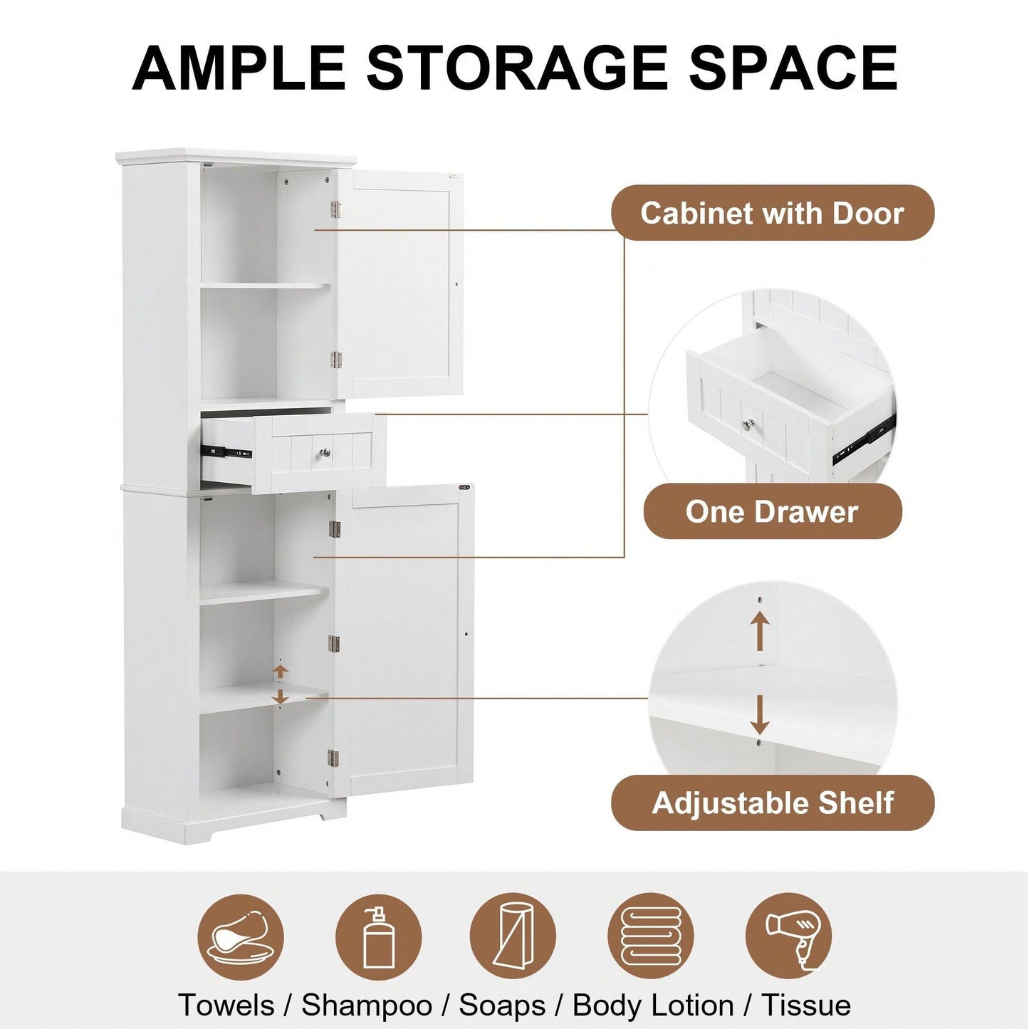 Tall Bathroom Storage Cabinet, Freestanding Storage Cabinet With Drawer And Adjustable Shelf, MDF Board With Painted Finish