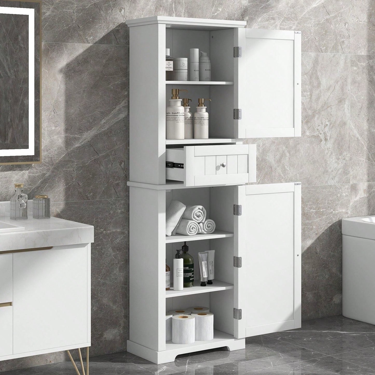 Tall Bathroom Storage Cabinet, Freestanding Storage Cabinet With Drawer And Adjustable Shelf, MDF Board With Painted Finish