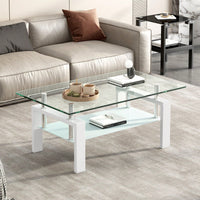 2-Layers Coffee Table Living Room Center Table, Tempered Clear Glass Coffee Table