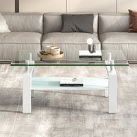 2-Layers Coffee Table Living Room Center Table, Tempered Clear Glass Coffee Table