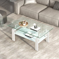 2-Layers Coffee Table Living Room Center Table, Tempered Clear Glass Coffee Table