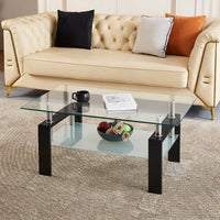 2-Layers Coffee Table Living Room Center Table, Tempered Clear Glass Coffee Table
