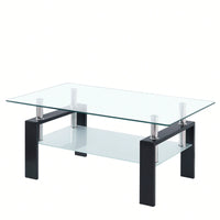 2-Layers Coffee Table Living Room Center Table, Tempered Clear Glass Coffee Table