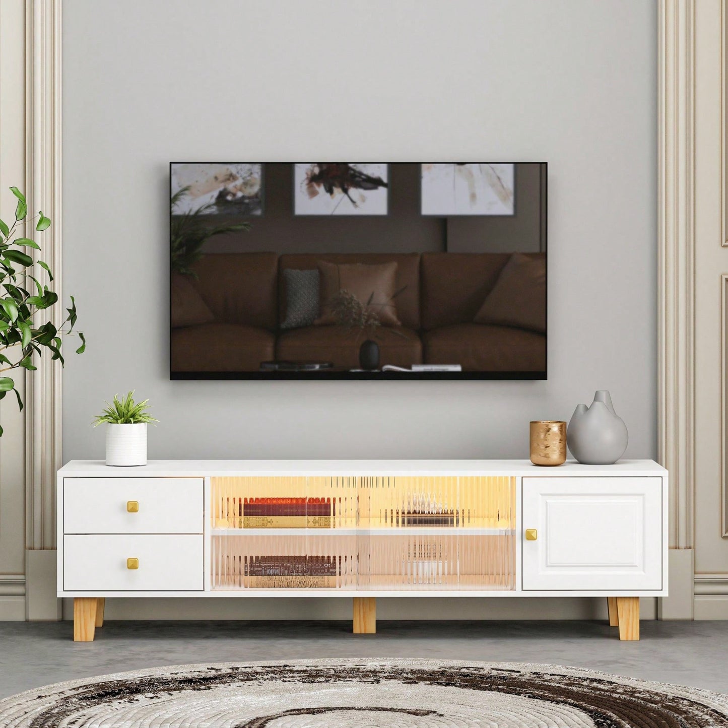 Modern TV Stand with LED Remote Control Sliding Doors and Solid Wooden Legs for Living Room