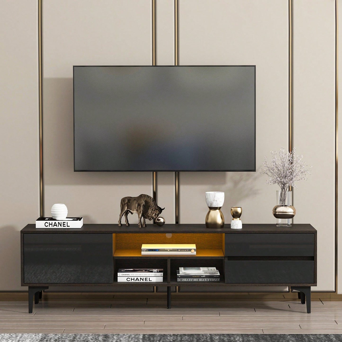 Modern TV Stand with LED Remote Control Lights and UV Bloom Drawer Panel for Living Room and Bedroom