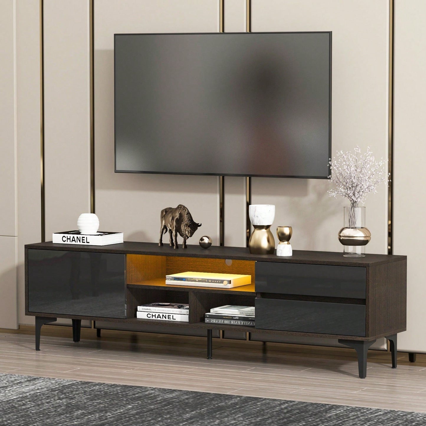 Modern TV Stand with LED Remote Control Lights and UV Bloom Drawer Panel for Living Room and Bedroom