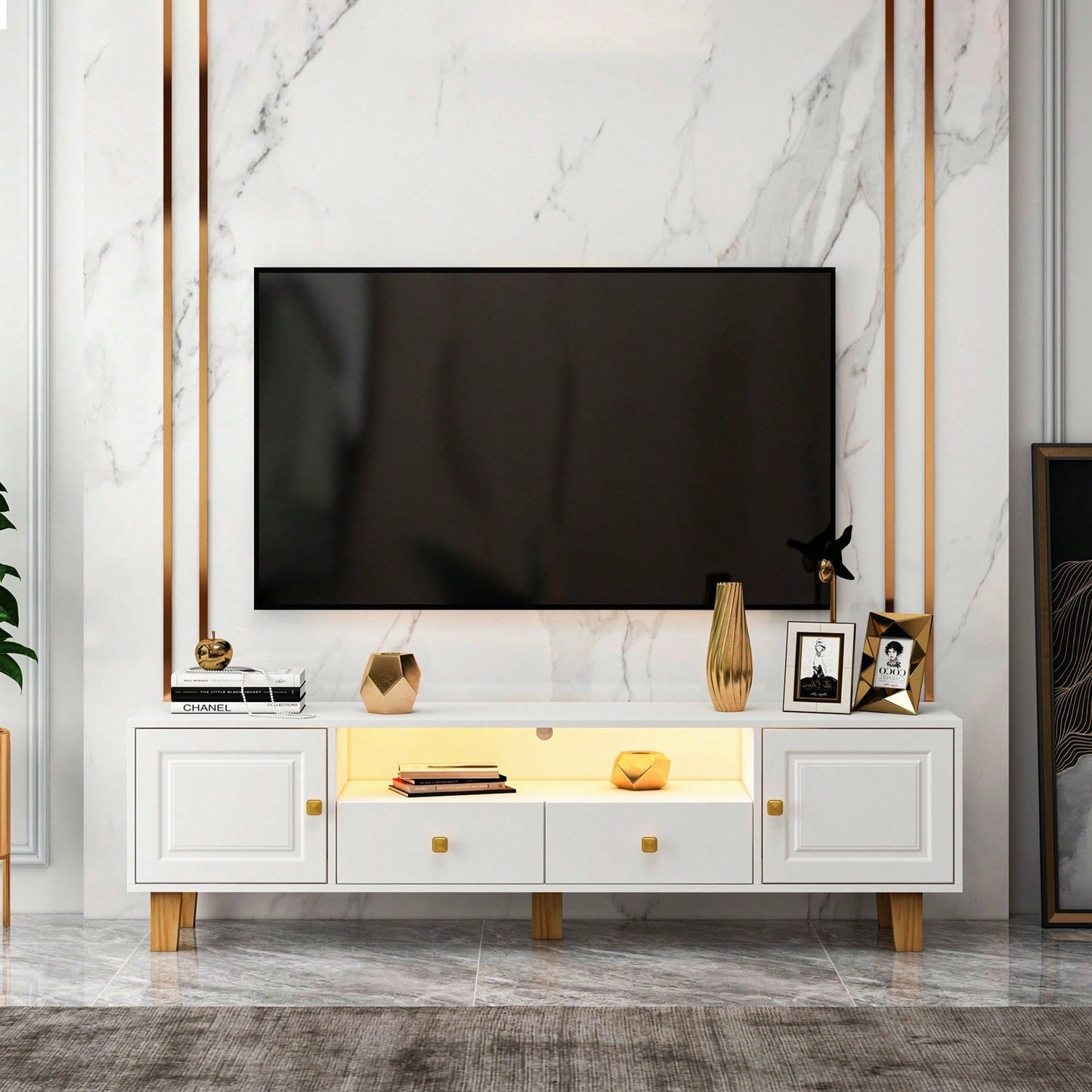 Modern LED TV Stand with Solid Wood Legs and Metal Handles for Living Room Entertainment Center