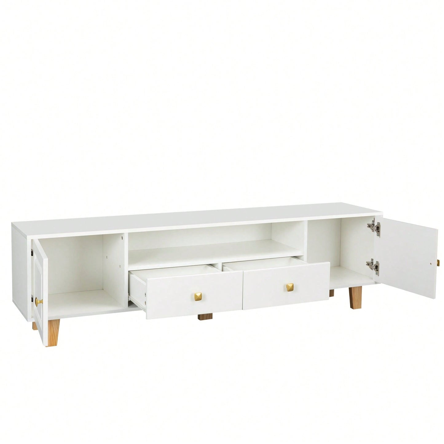 Modern LED TV Stand with Solid Wood Legs and Metal Handles for Living Room Entertainment Center