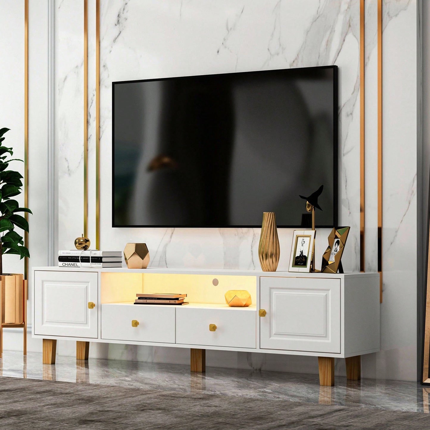 Modern LED TV Stand with Solid Wood Legs and Metal Handles for Living Room Entertainment Center