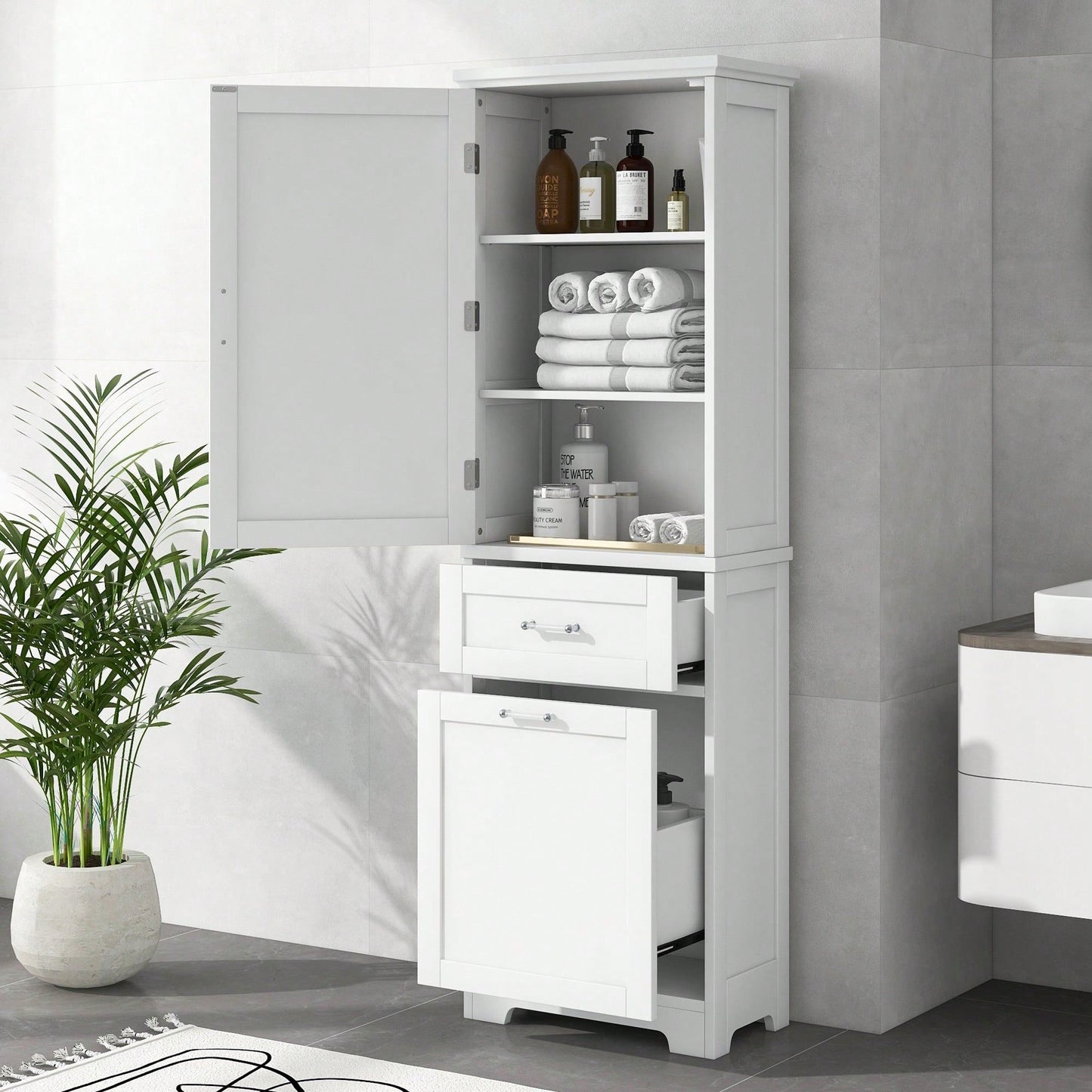 Freestanding Tall Bathroom Storage Cabinet with Adjustable Shelf and Dual Size Drawers in MDF with Painted Finish