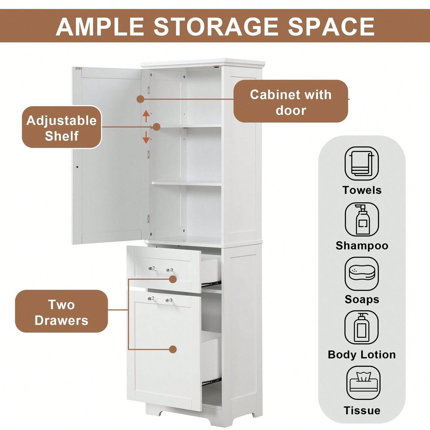 Freestanding Tall Bathroom Storage Cabinet with Adjustable Shelf and Dual Size Drawers in MDF with Painted Finish