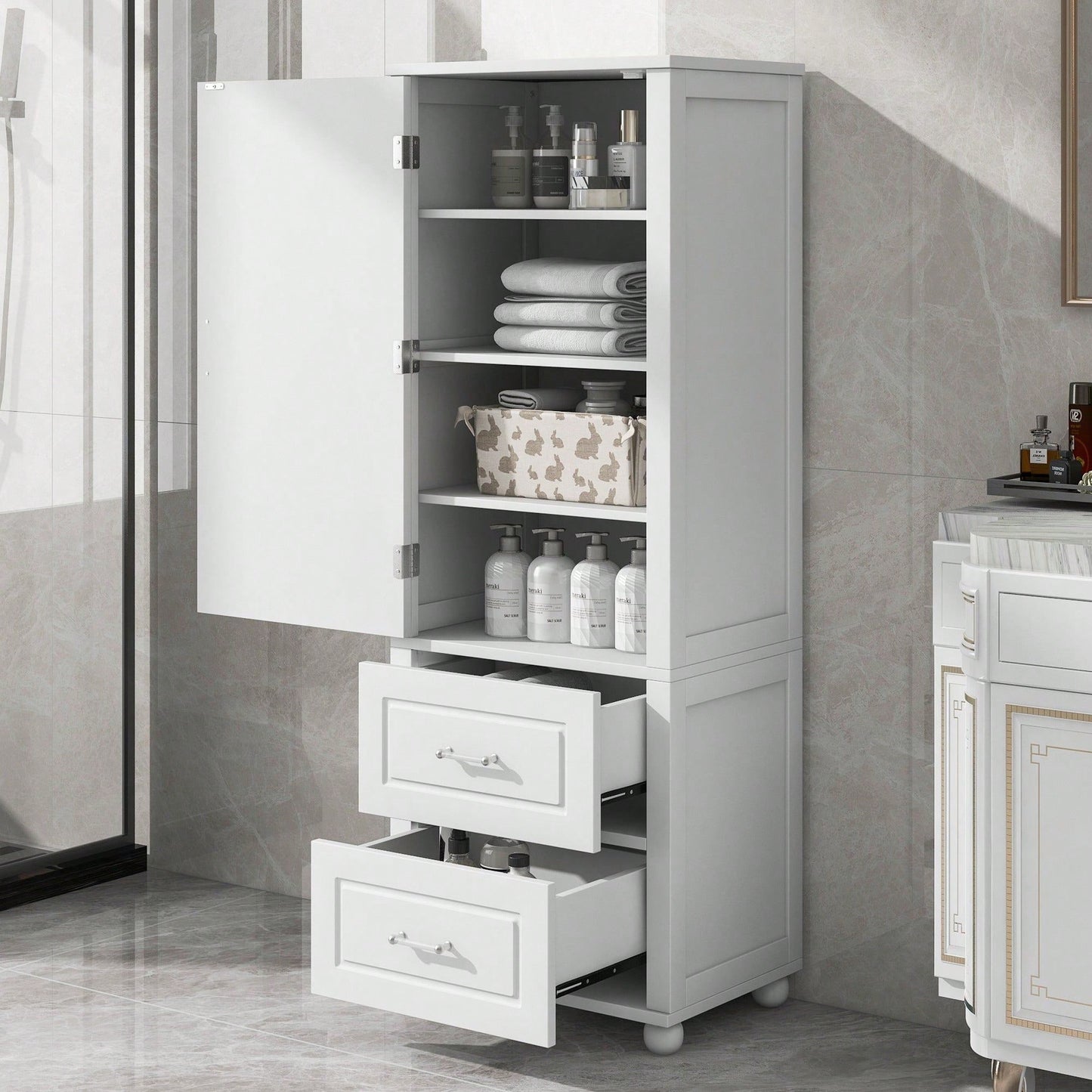 Tall Bathroom Storage Cabinet, Freestanding Storage Cabinet With Two Drawers And Adjustable Shelf, MDF Board With Painted Finish