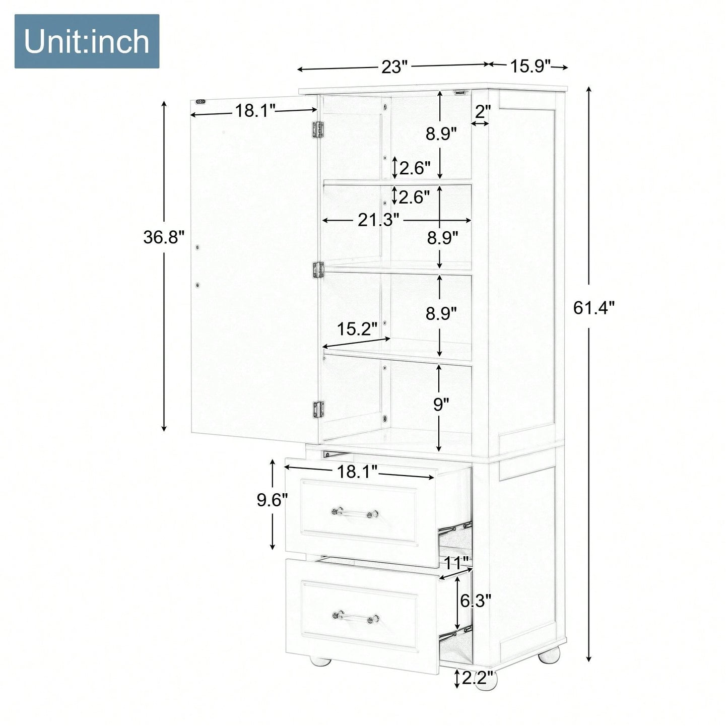 Tall Bathroom Storage Cabinet, Freestanding Storage Cabinet With Two Drawers And Adjustable Shelf, MDF Board With Painted Finish