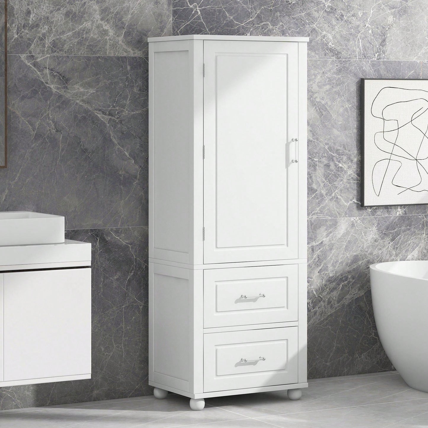 Tall Bathroom Storage Cabinet, Freestanding Storage Cabinet With Two Drawers And Adjustable Shelf, MDF Board With Painted Finish