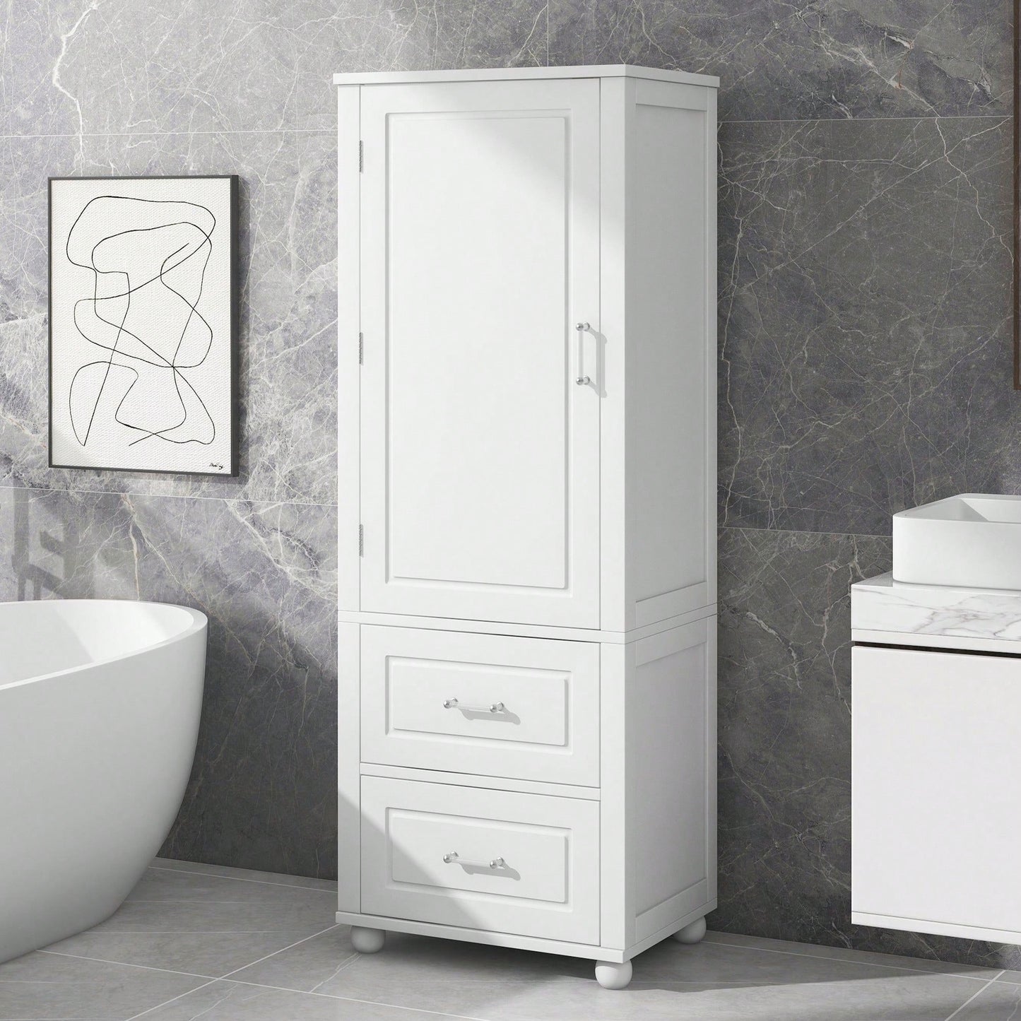 Tall Bathroom Storage Cabinet, Freestanding Storage Cabinet With Two Drawers And Adjustable Shelf, MDF Board With Painted Finish