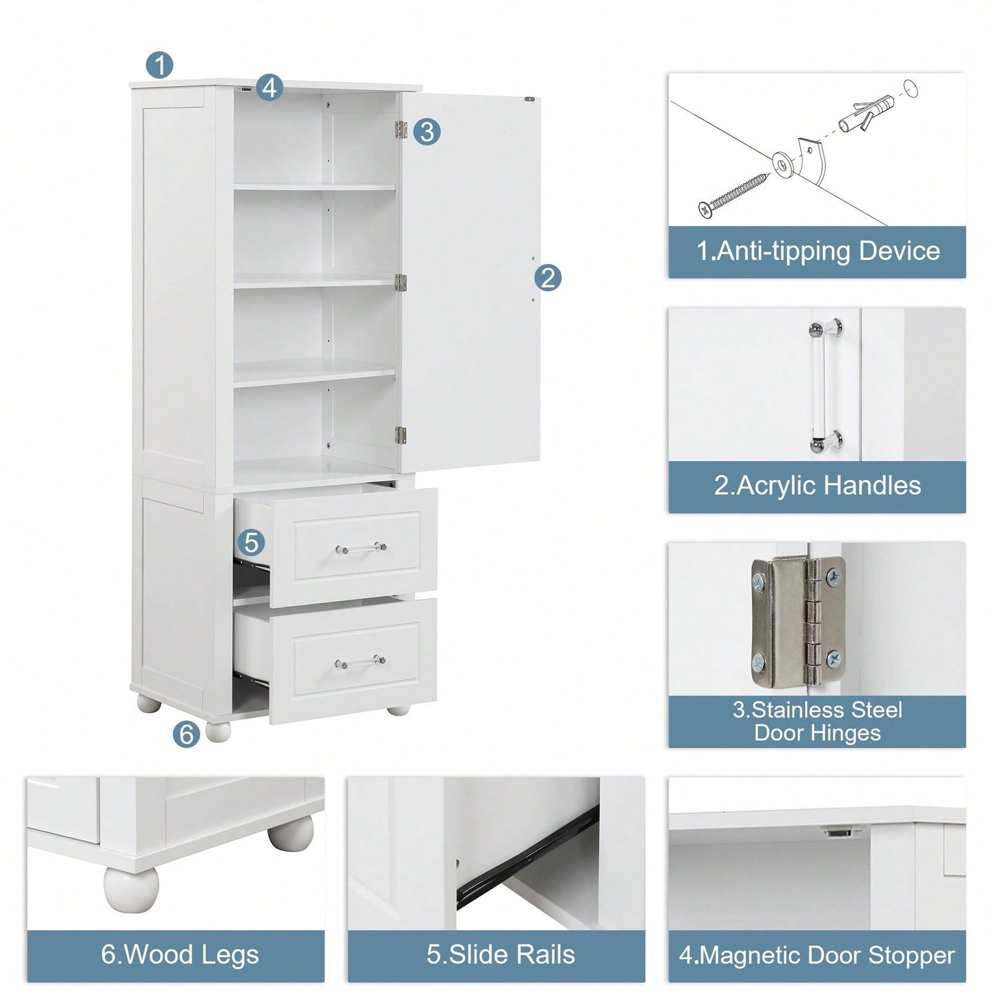 Tall Bathroom Storage Cabinet, Freestanding Storage Cabinet With Two Drawers And Adjustable Shelf, MDF Board With Painted Finish