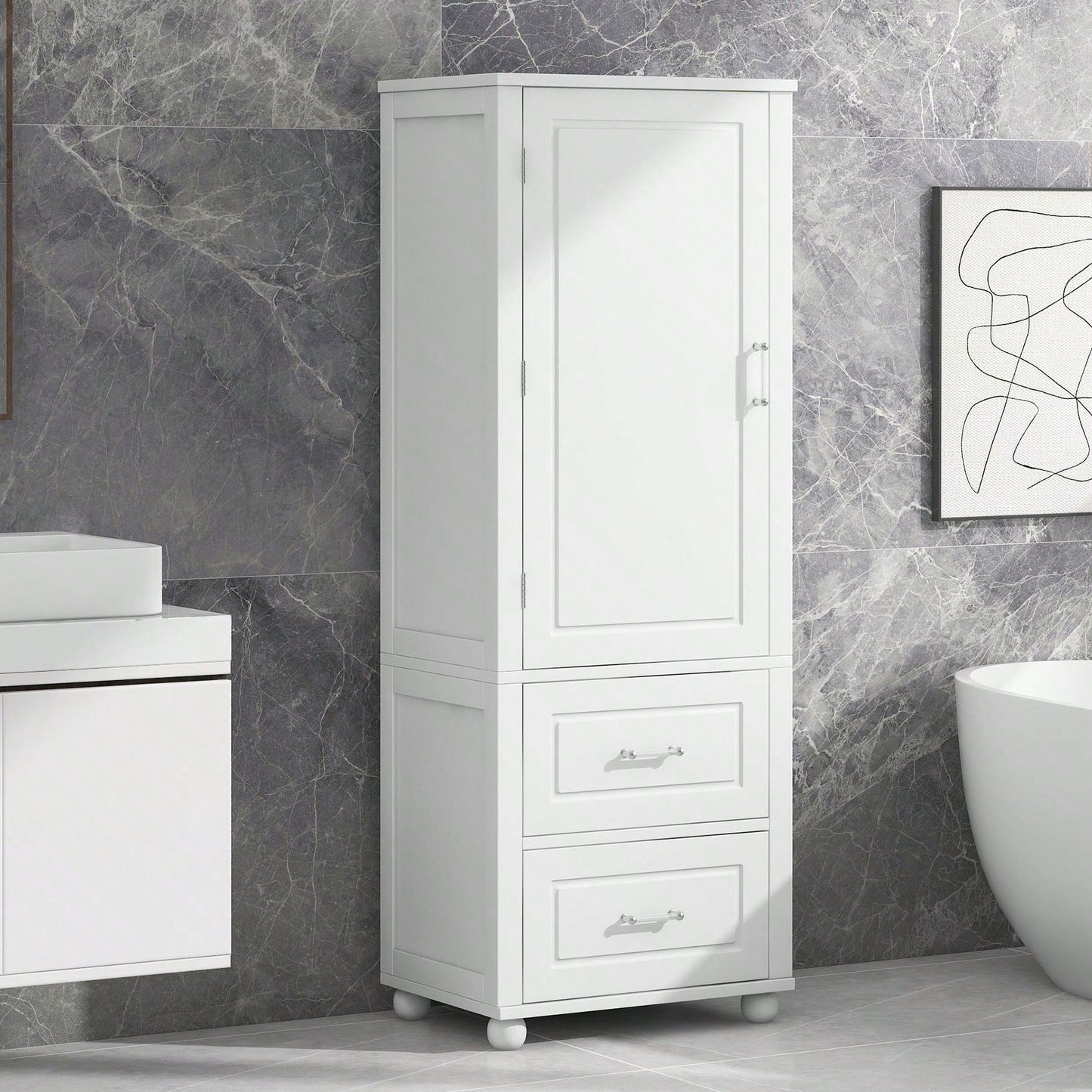 Tall Bathroom Storage Cabinet, Freestanding Storage Cabinet With Two Drawers And Adjustable Shelf, MDF Board With Painted Finish