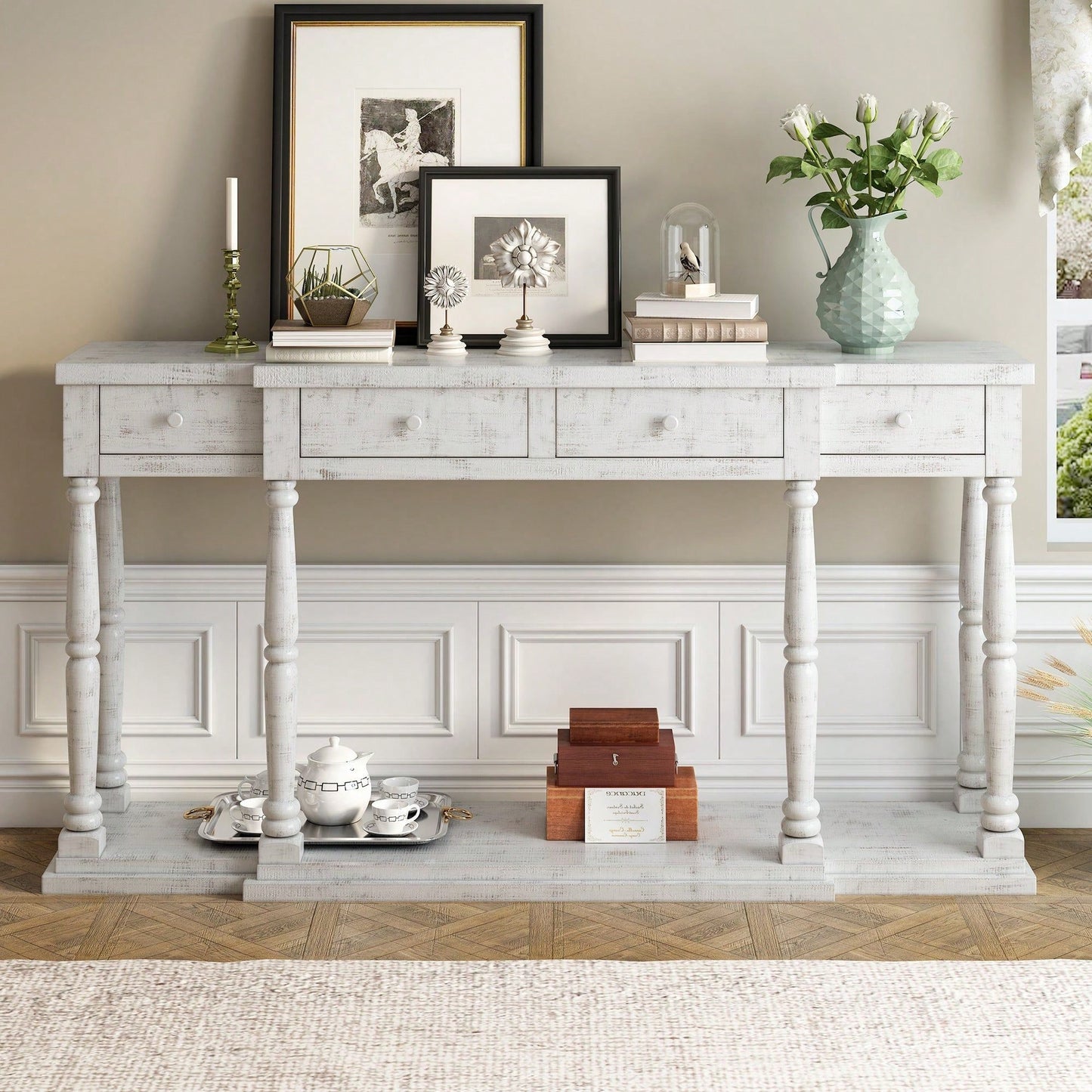 Retro Senior Console Table For Hallway Living Room Bedroom With 4 Front Facing Storage Drawers And 1 Shelf