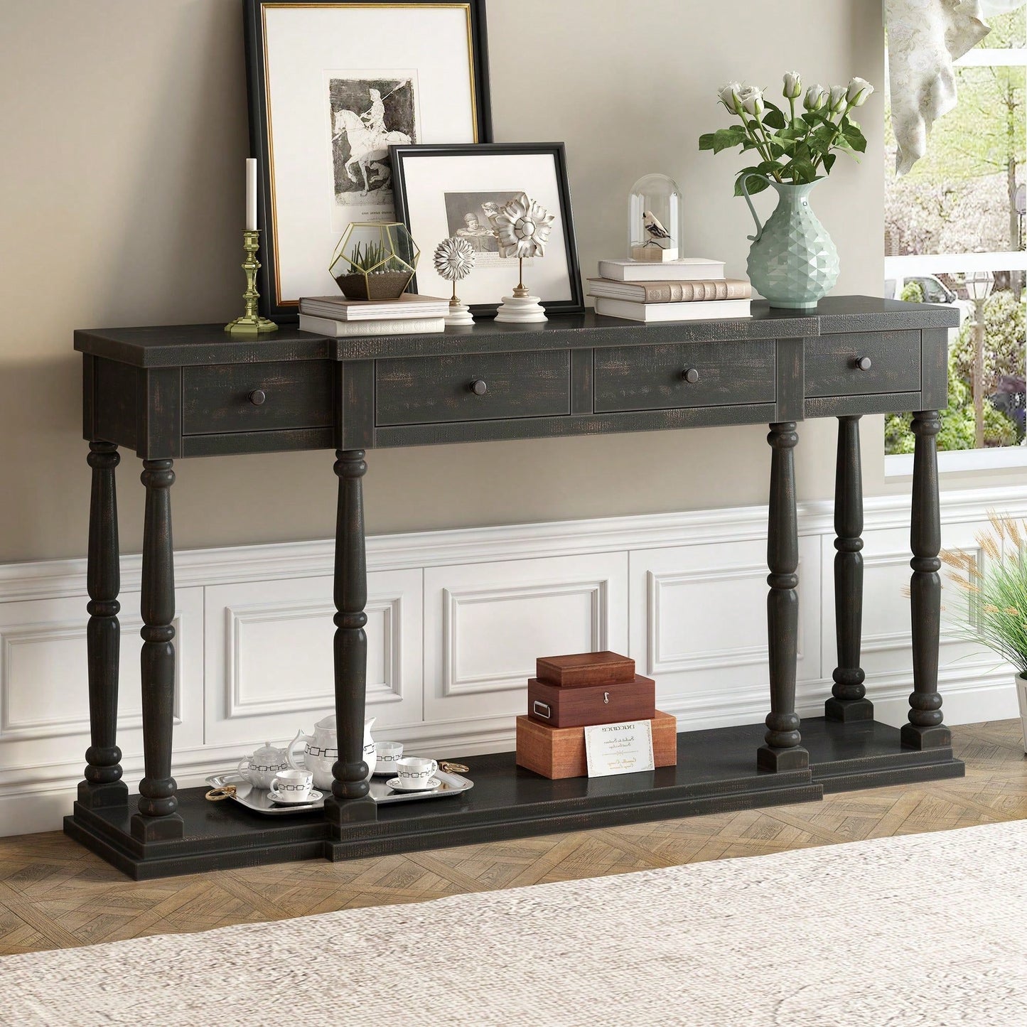 Retro Senior Console Table For Hallway Living Room Bedroom With 4 Front Facing Storage Drawers And 1 Shelf