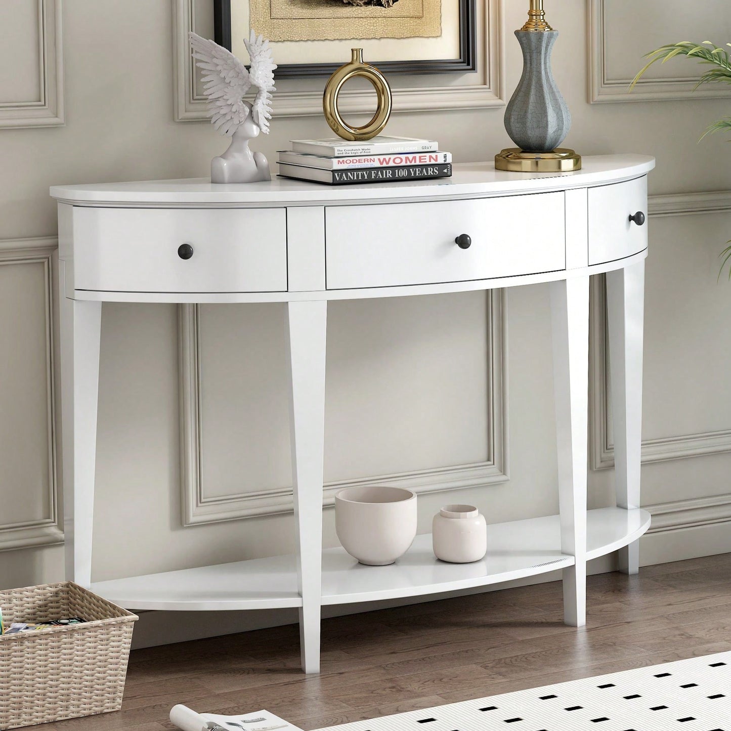 Modern Curved Console Table Sofa Table With 3 Drawers And 1 Shelf For Hallway, Entryway, Living Room