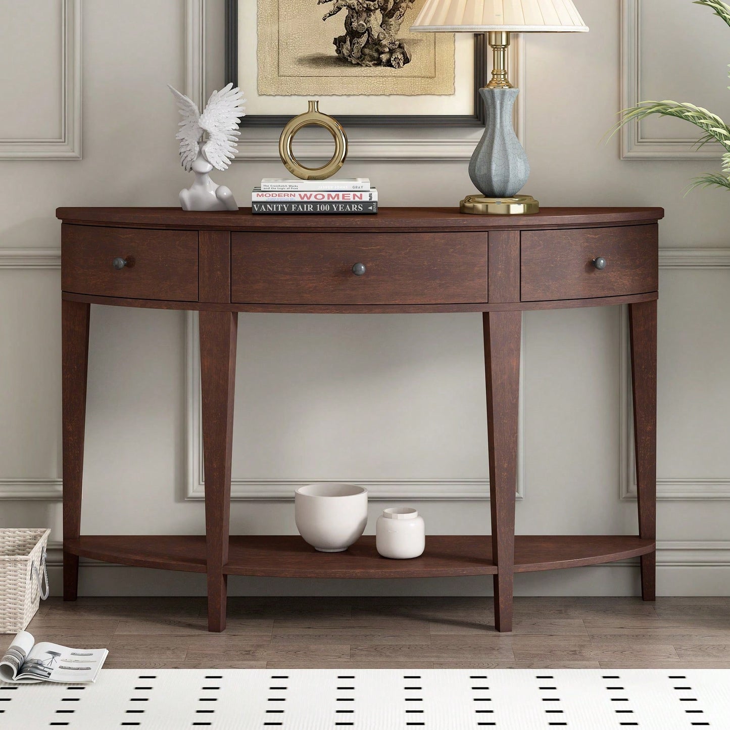 Modern Curved Console Table Sofa Table With 3 Drawers And 1 Shelf For Hallway, Entryway, Living Room