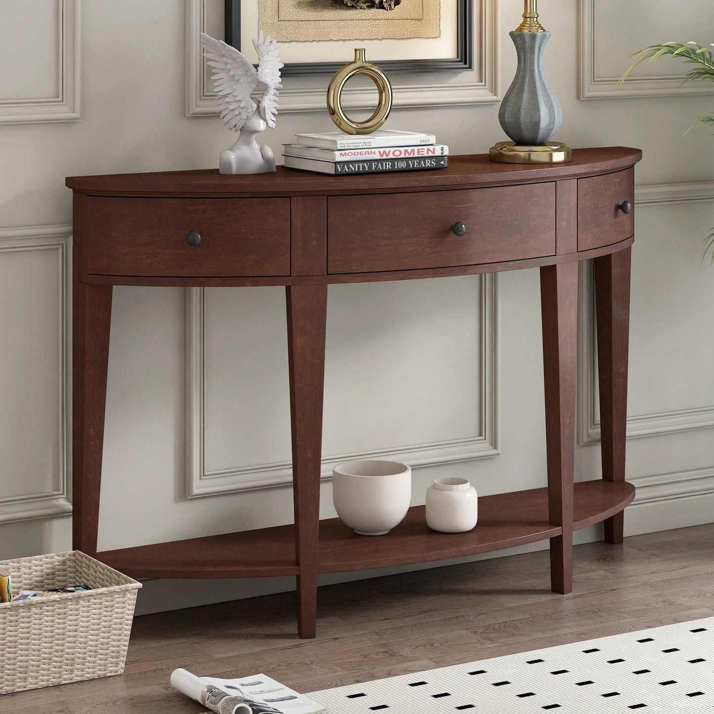 Modern Curved Console Table Sofa Table With 3 Drawers And 1 Shelf For Hallway, Entryway, Living Room