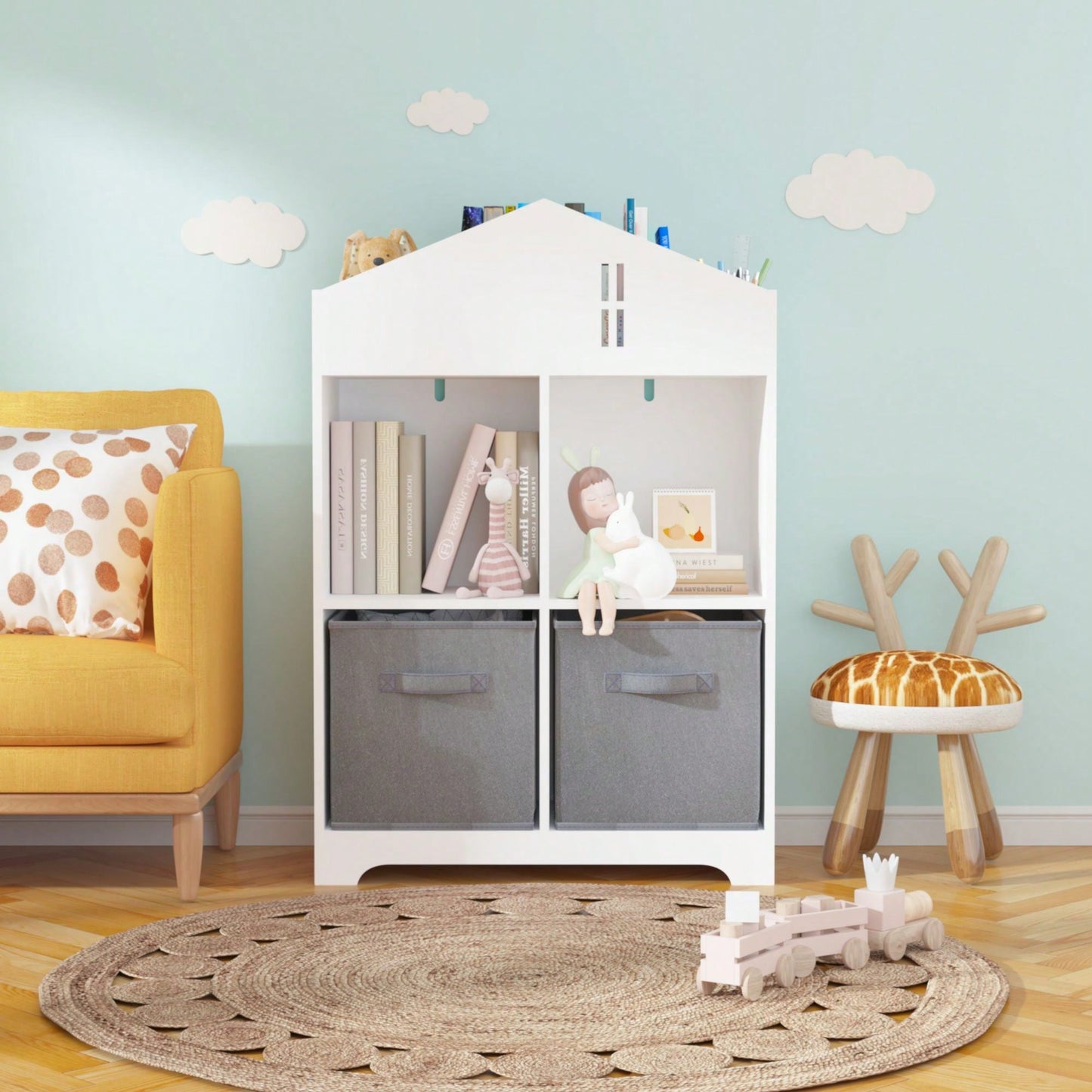 2-Tier Storage Display Organizer, Toddler Bookshelf With 2 Collapsible Fabric Drawers For Bedroom Or Playroom