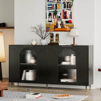 Black Lacquered Wooden Cabinet With 4 Glass Doors Sideboard Buffet Server Cabinet Storage Cabinet